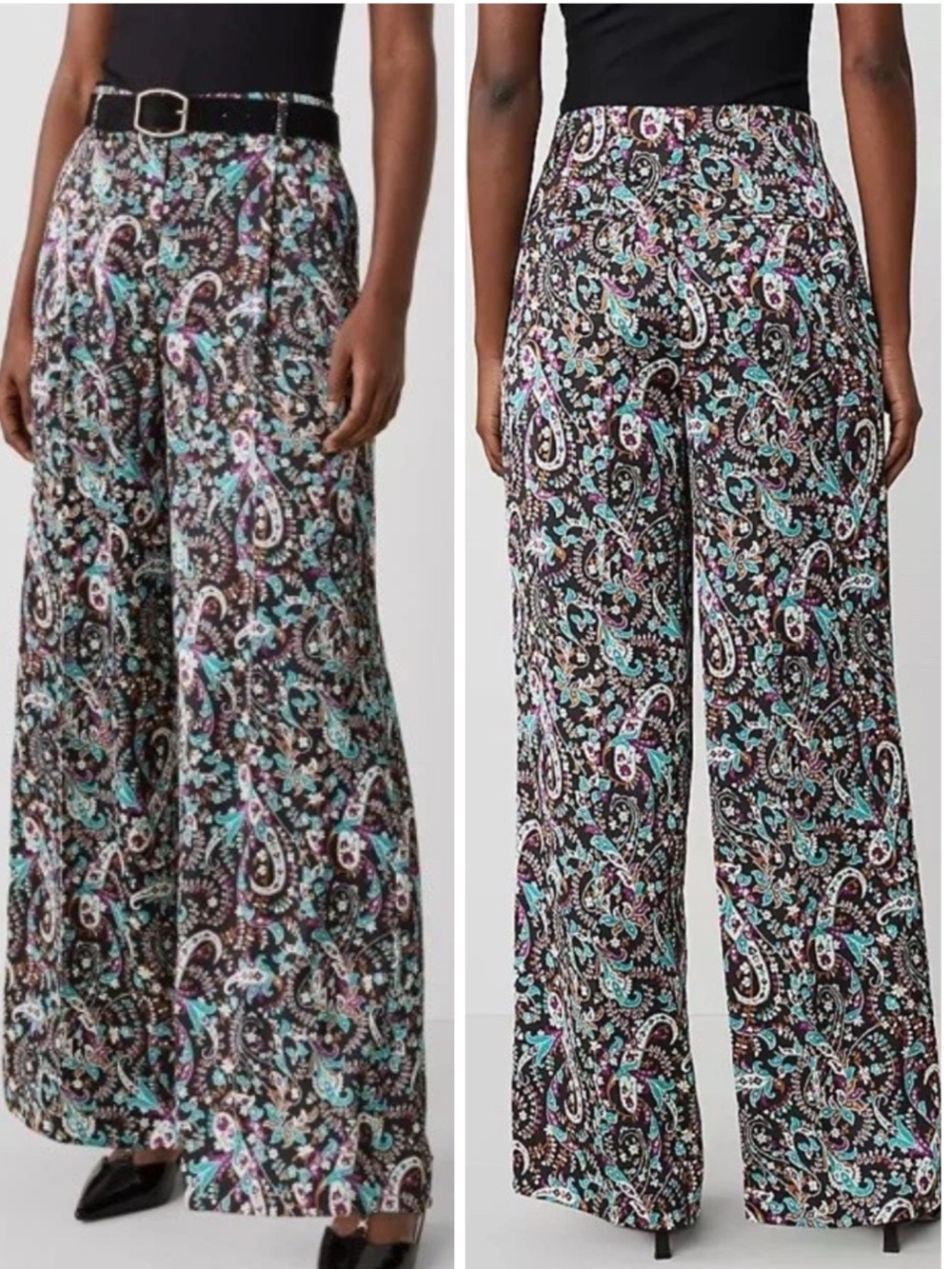 ANN TAYLOR Women’s Size 6 Black Paisley Floral Print Satin Pleated Wide Leg Pant